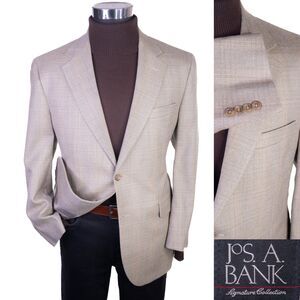Jos A Bank Blazer Sz 40S Plaid Beige Sports Coat Suit Jacket Wool/Silk EUC